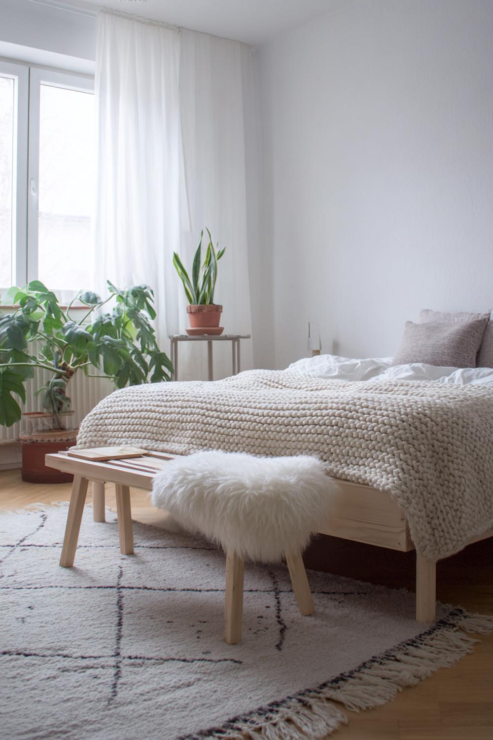 13. Schlafzimmer Deko Ideen Cozy mit Bettbank aus hellem Holz und Strickdecke