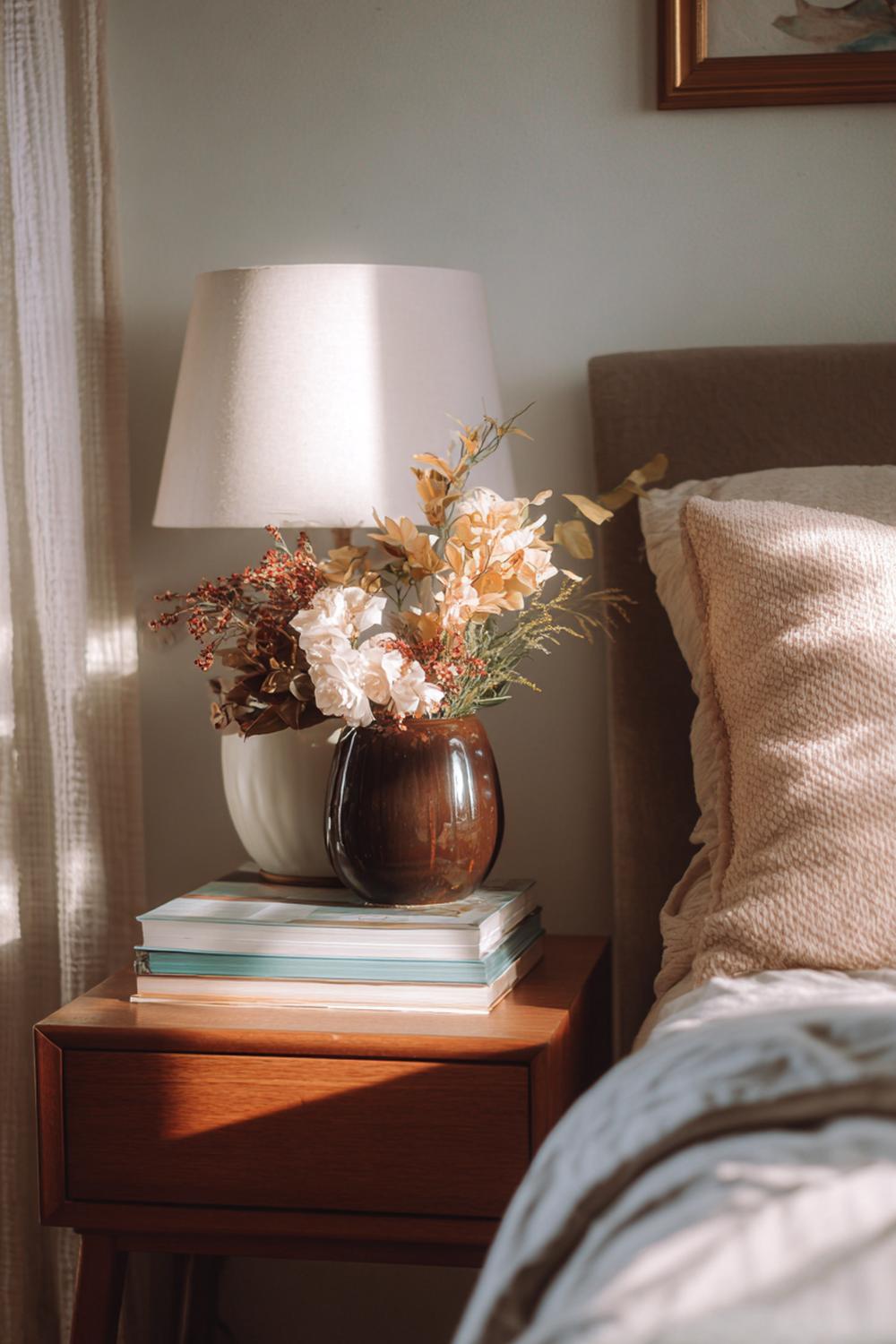 16. Schlafzimmer Deko Ideen Cozy mit Bücherstapel und Keramikschale auf dem Nachttisch