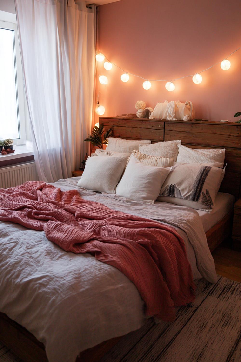 2. Schlafzimmer Deko Ideen Cozy mit Lichterkette am Kopfteil aus Holz