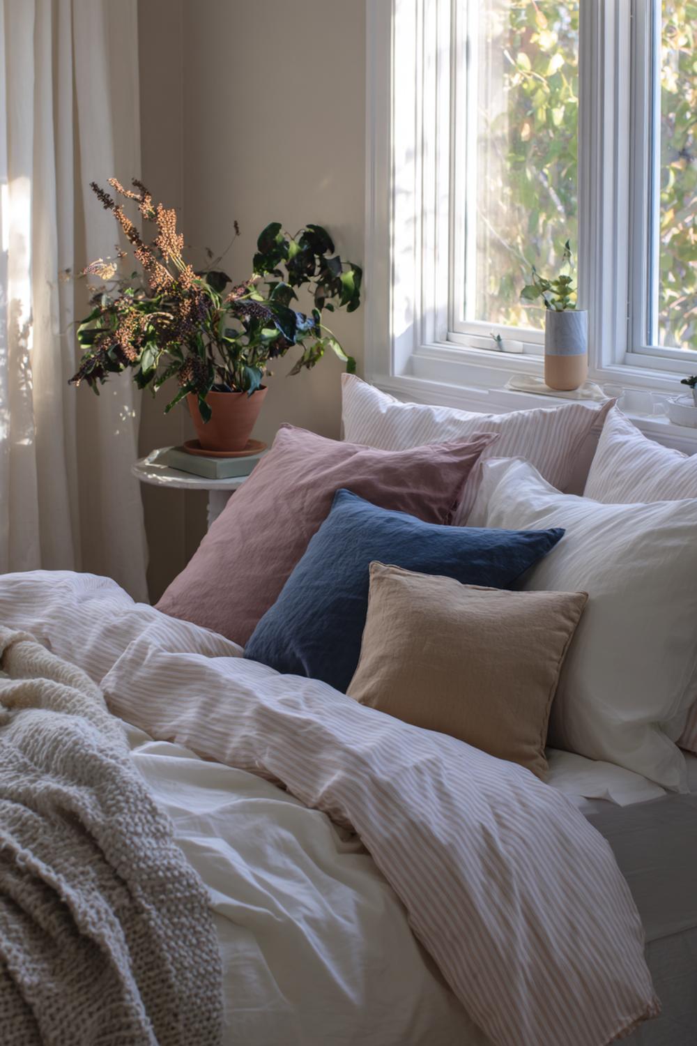 20. Schlafzimmer Deko Ideen Cozy mit Bettwäsche-Mix aus Leinen und Baumwollperkal