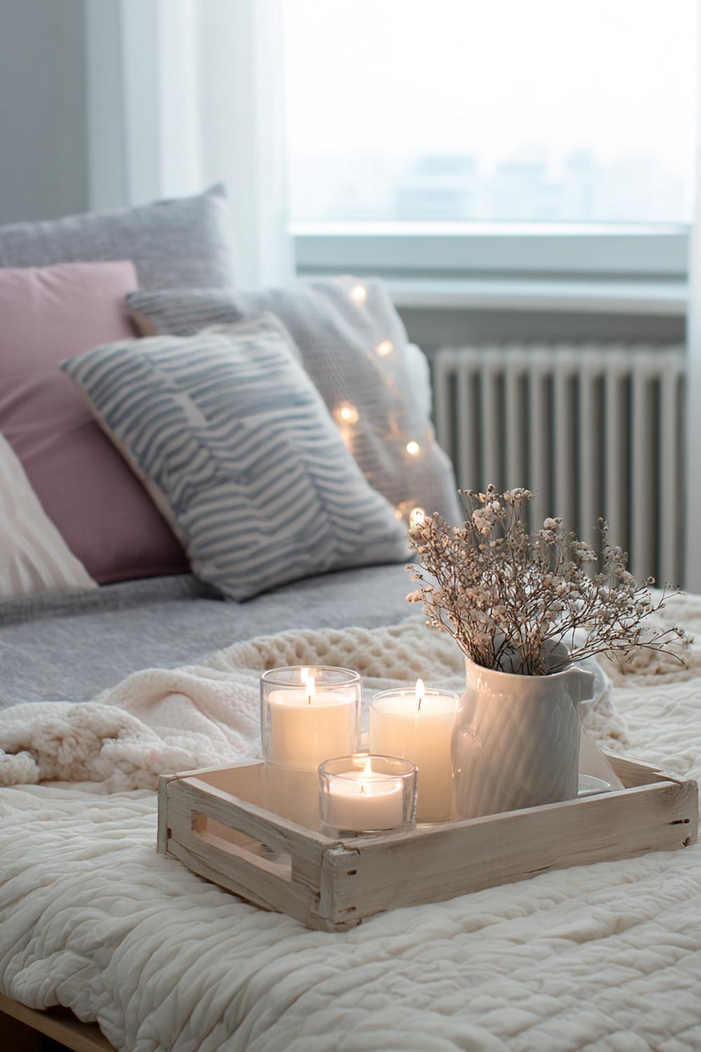 6. Schlafzimmer Deko Ideen Cozy mit Kerzen-Tablett auf der Kommode