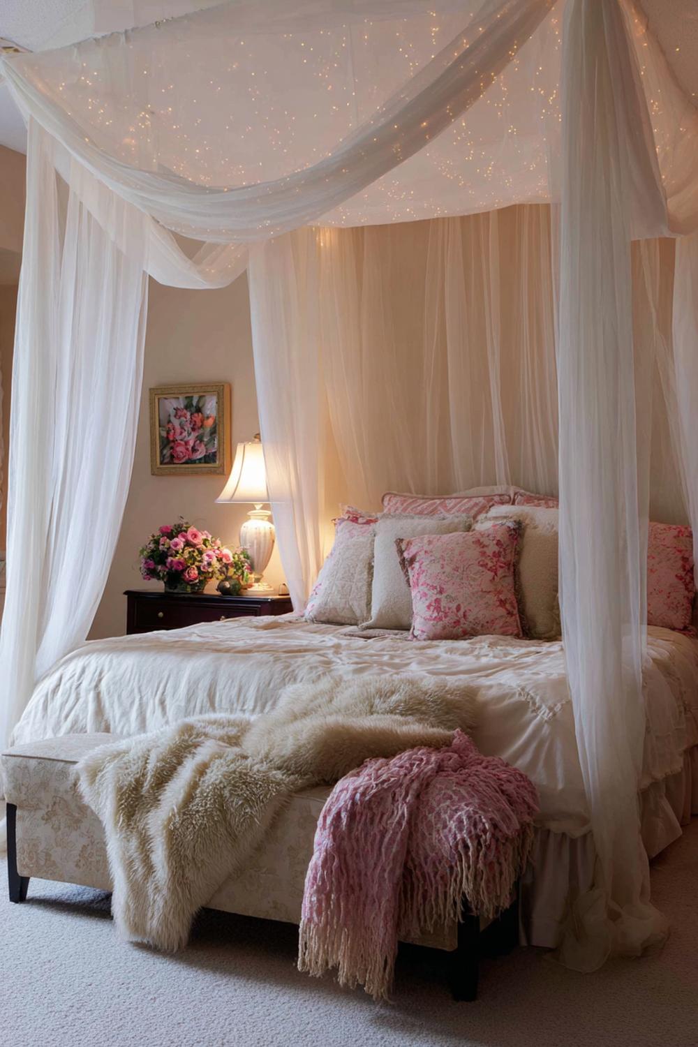 7. Schlafzimmer Deko Ideen Cozy mit Baldachin aus halbtransparenten Vorhängen