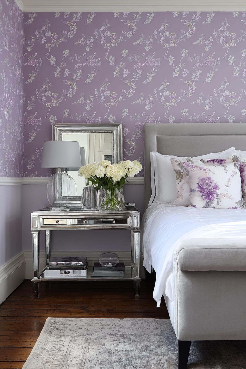 10. Schlafzimmer Wandfarbe Ideen in Lavendelgrau mit silbernen Details und floralen Prints