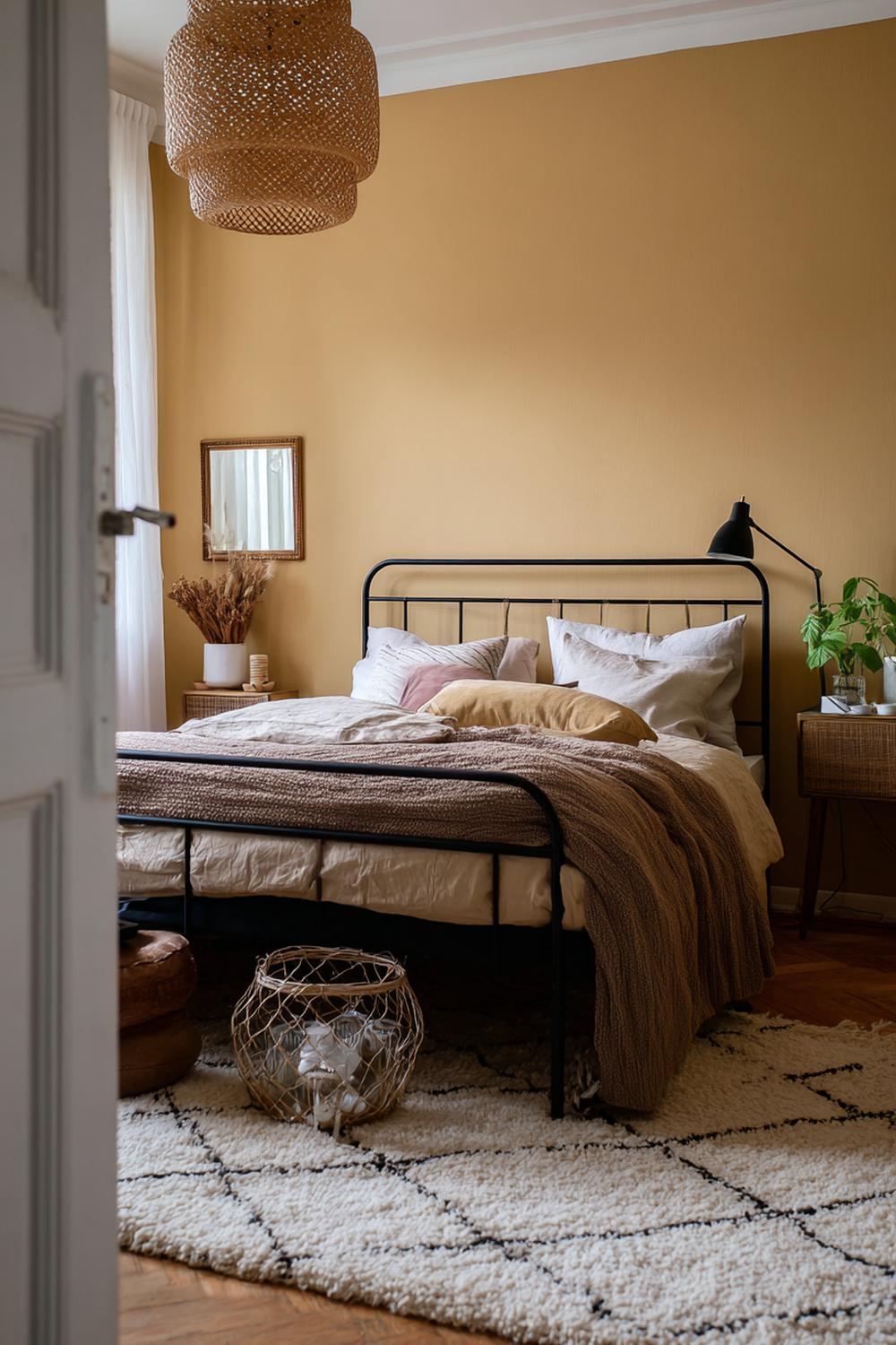 11. Schlafzimmer Wandfarbe Ideen in Ocker mit schwarzem Metallbett und Grafiklampen