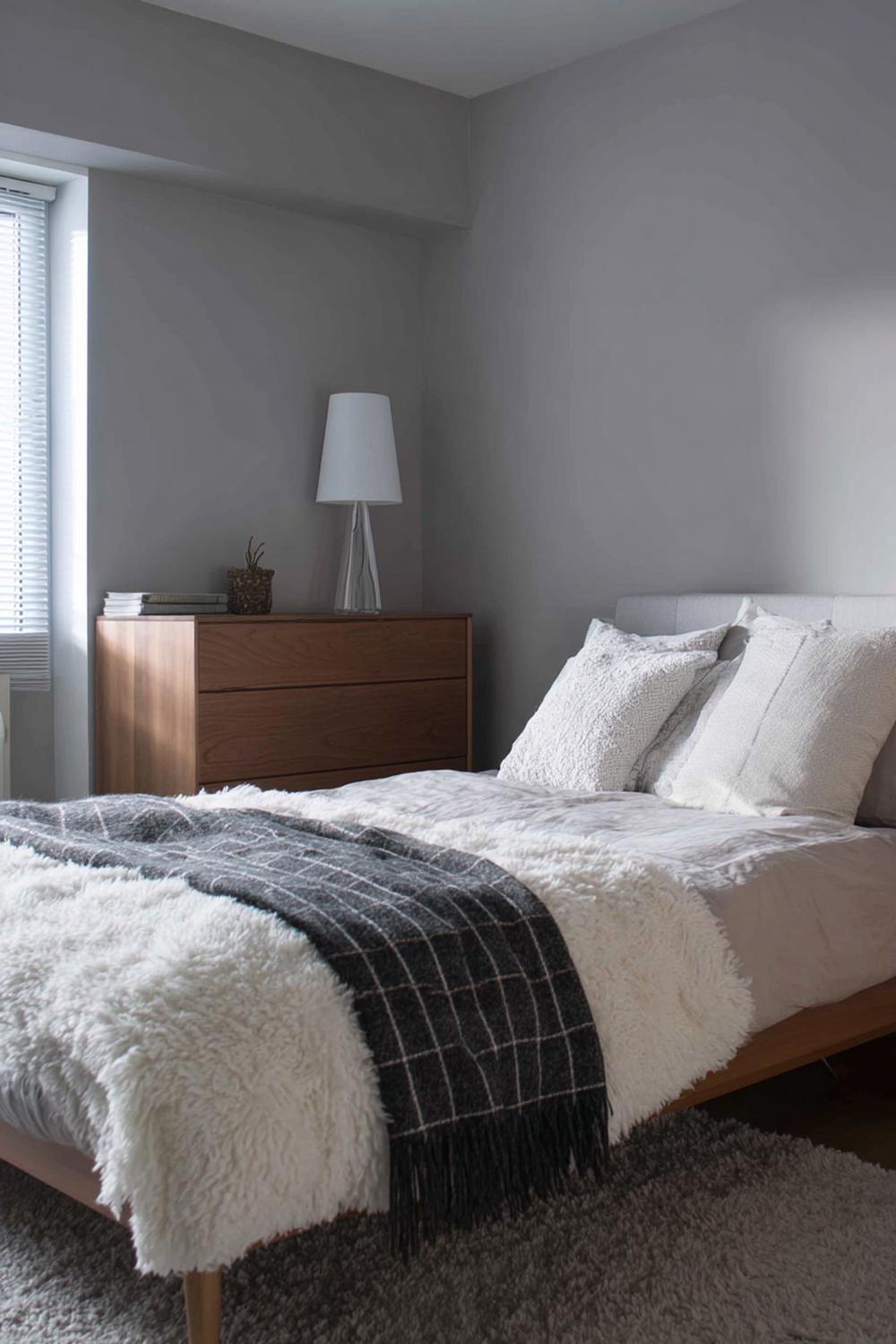 12. Schlafzimmer Wandfarbe Ideen in Perlgrau mit skandinavischer Holzkommode und Wollplaid