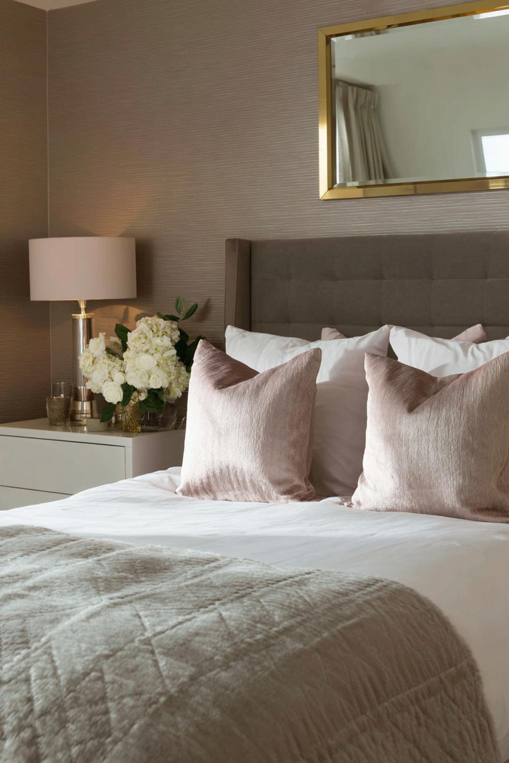 14. Schlafzimmer Wandfarbe Ideen in Taupe mit Strukturputz und gerahmten Spiegeln