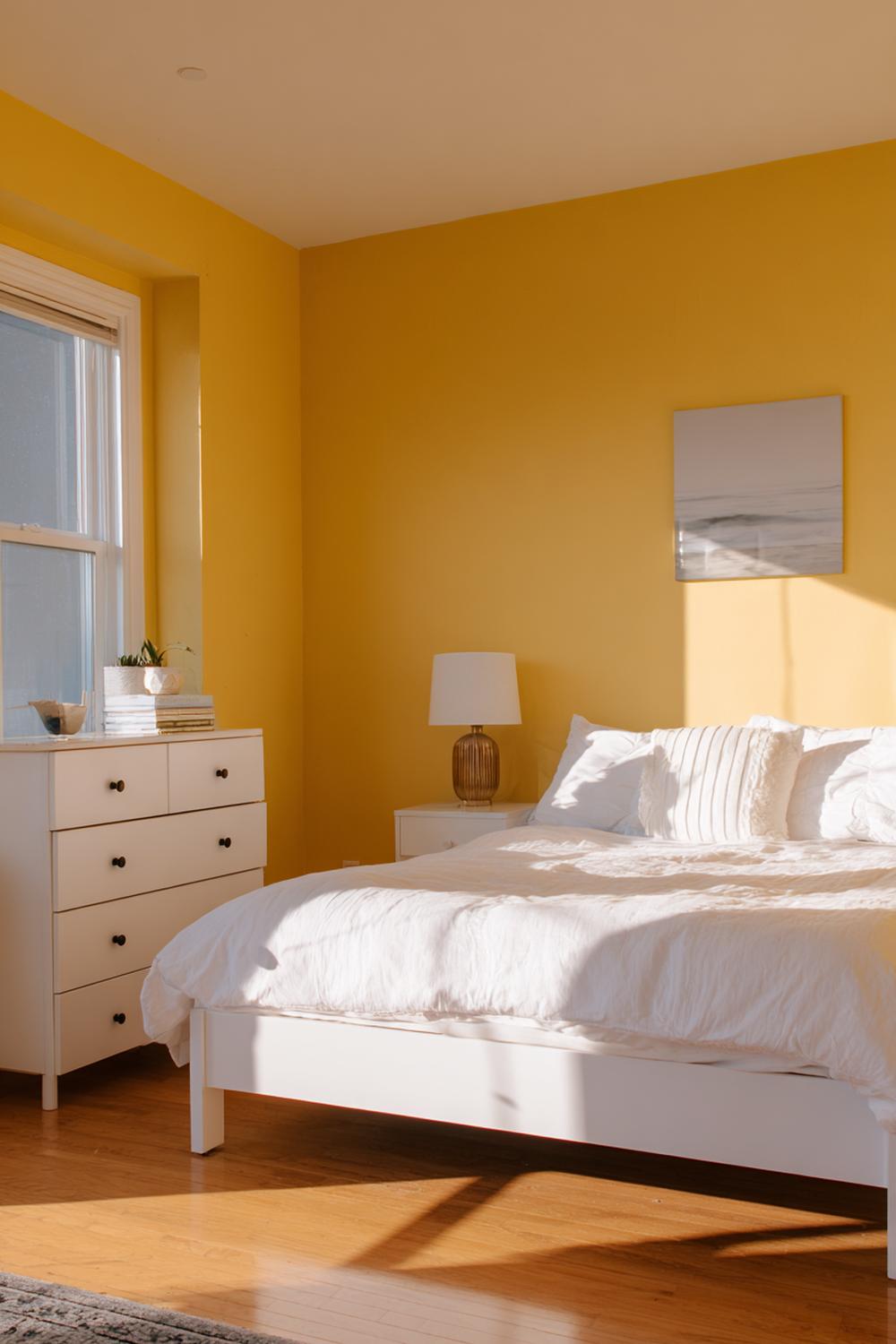 15. Schlafzimmer Wandfarbe Ideen in Sonnengelb mit weißen Möbeln und klaren Linien