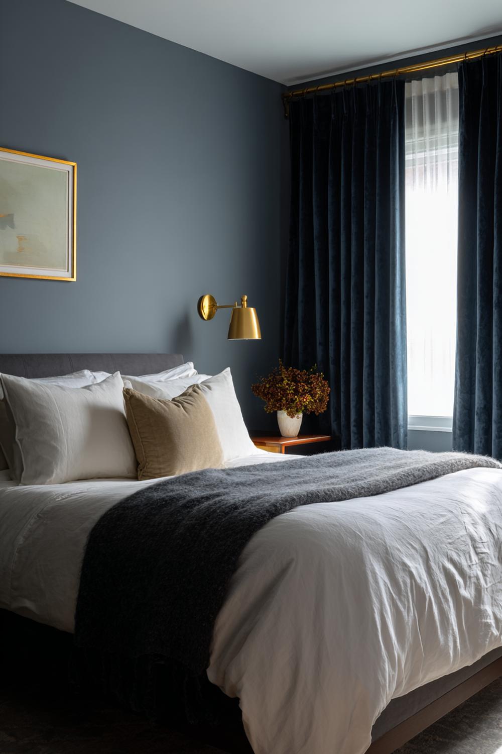 16. Schlafzimmer Wandfarbe Ideen in Rauchblau mit dunklen Vorhängen und Messinglampe