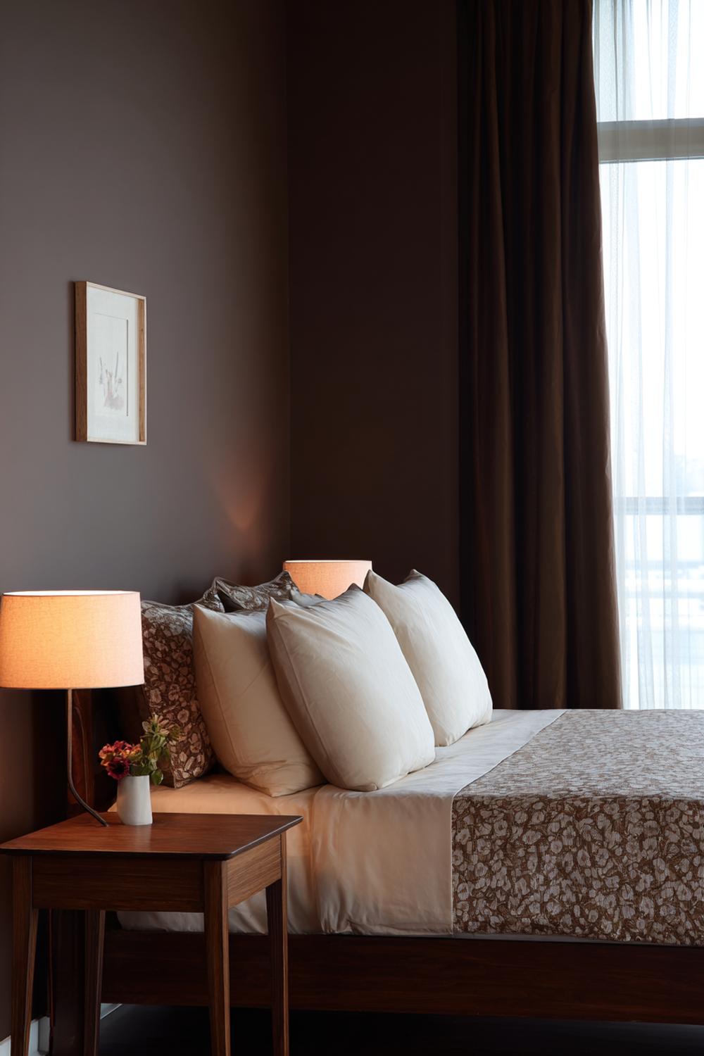 17. Schlafzimmer Wandfarbe Ideen in Schokobraun mit cremefarbener Bettwäsche und Holzlamellen