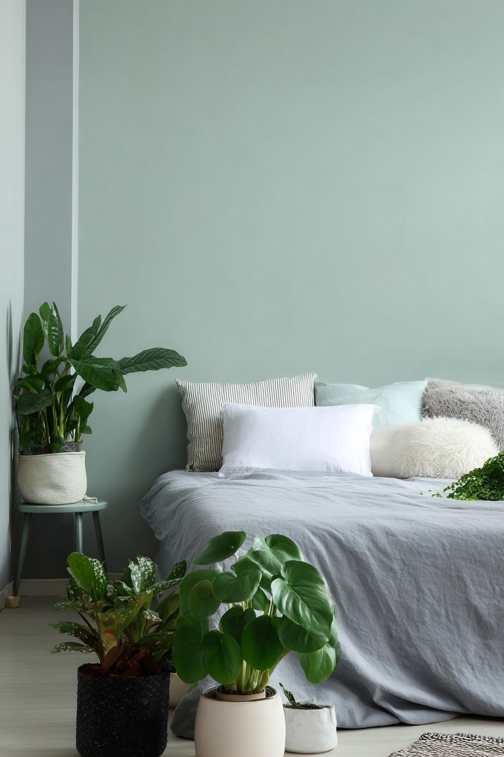 18. Schlafzimmer Wandfarbe Ideen in Mintgrau mit weißen Leisten und frischen Pflanzen