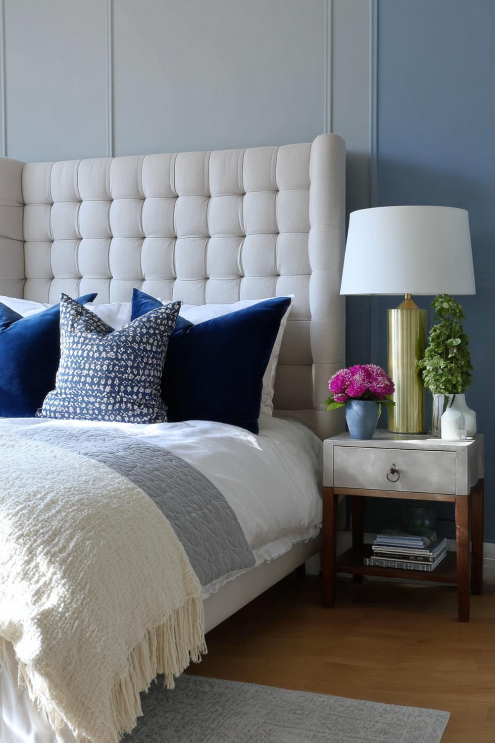 21. Schlafzimmer Wandfarbe Ideen in Hellgrau-Blau mit Kopfteilwand und symmetrischen Lampen