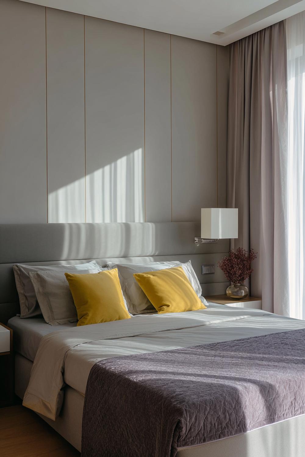 24. Schlafzimmer Wandfarbe Ideen in Warmgrau mit Akzentstreifen und minimalistischer Deko