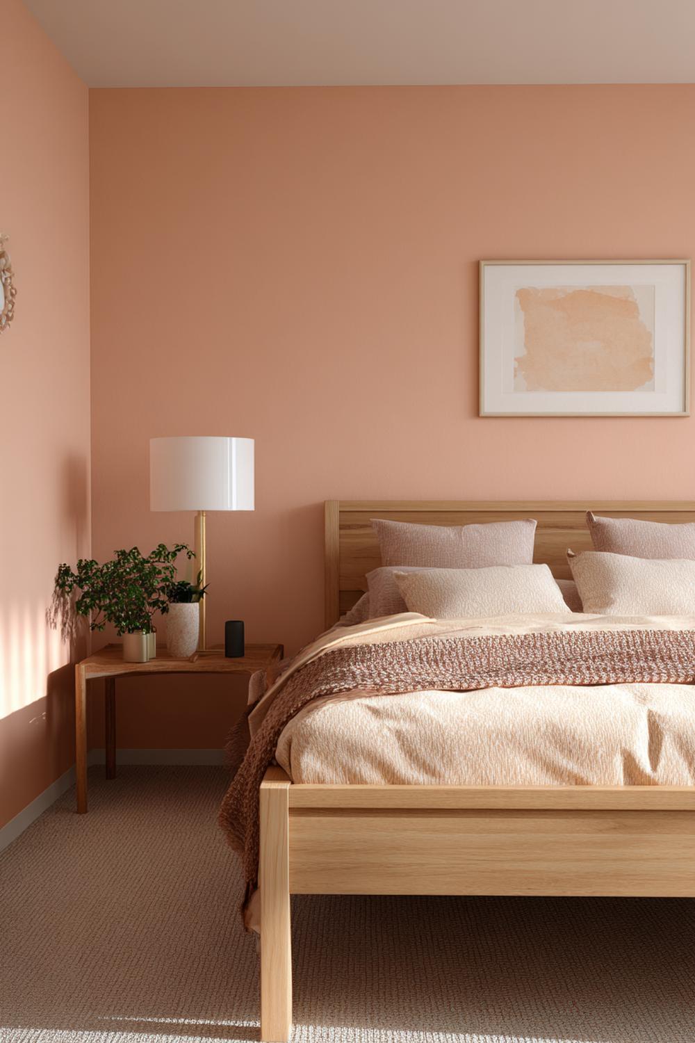 25. Schlafzimmer Wandfarbe Ideen in Pfirsichbeige mit Holzrahmenbett und weichen Vorhängen