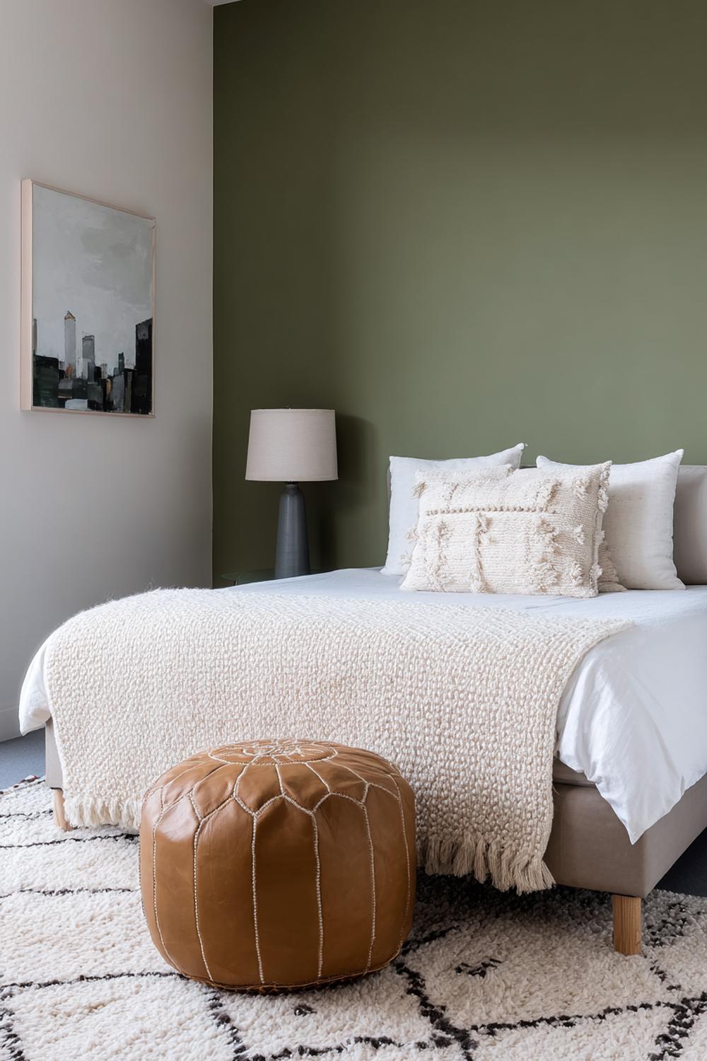 27. Schlafzimmer Wandfarbe Ideen in Olivgrün mit Lederhocker und gewebtem Teppich