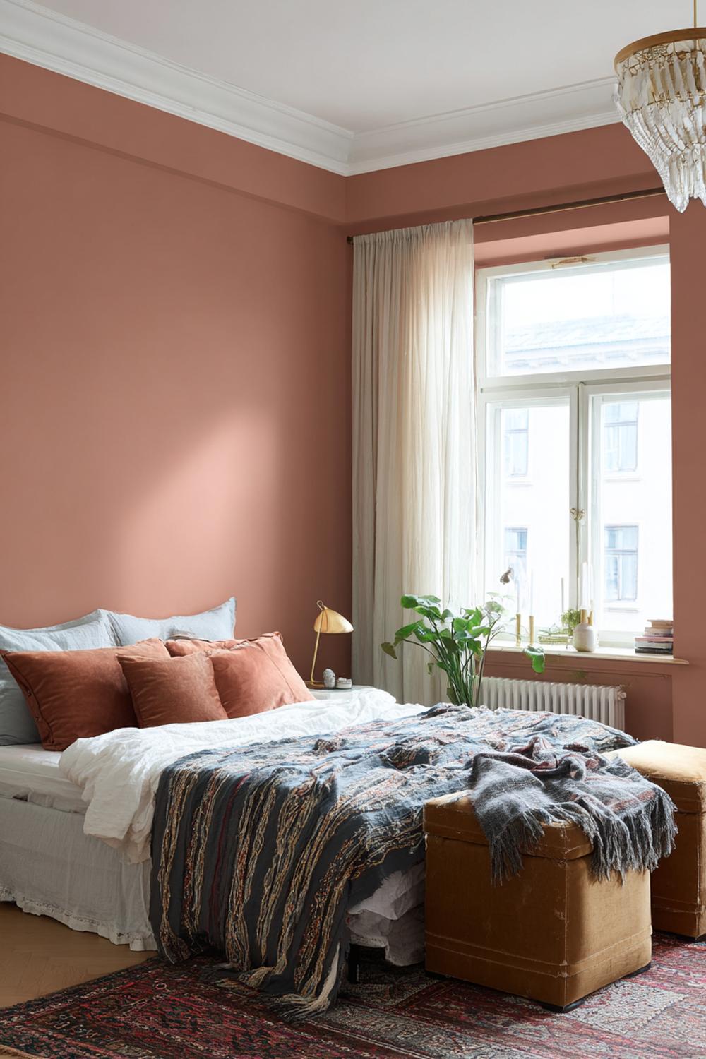 4. Schlafzimmer Wandfarbe Ideen in Terrakotta mit Messingdetails und warmem Licht