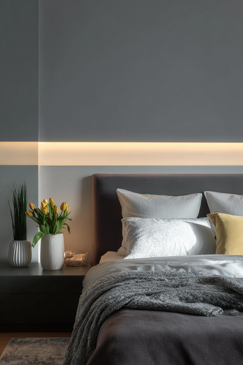 6. Schlafzimmer Wandfarbe Ideen in Anthrazitgrau mit LED-Lichtband und Kunstfotografie