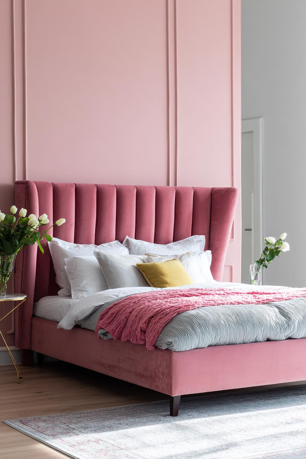 7. Schlafzimmer Wandfarbe Ideen in Puderrosa mit Samt-Kopfteil und Goldakzenten