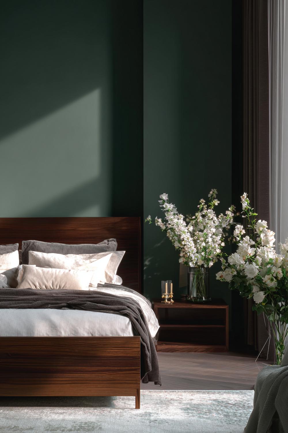 8. Schlafzimmer Wandfarbe Ideen in Tiefgrün mit dunklem Holz und Leinenvorhängen