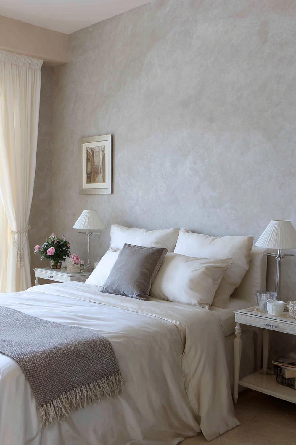 9. Schlafzimmer Wandfarbe Ideen in Sandbeige mit Travertin-Deko und Ton-in-Ton Textilien