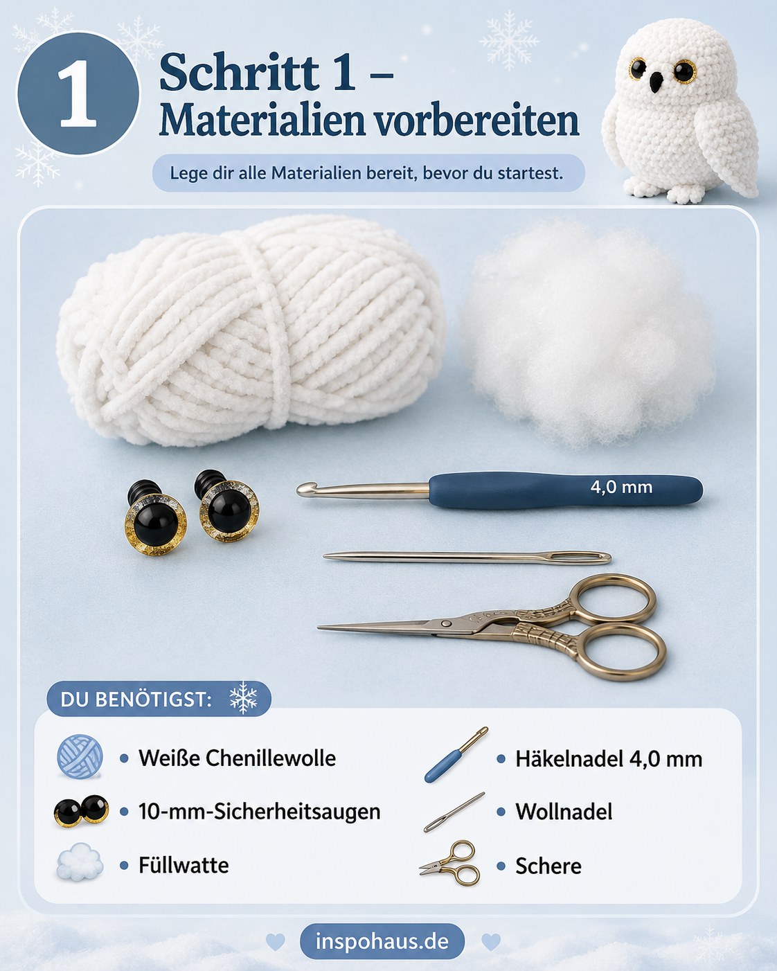 Materialien zum Schneeeule Amigurumi häkeln: weiße Chenillewolle, Sicherheitsaugen und Häkelnadel 4,0 mm