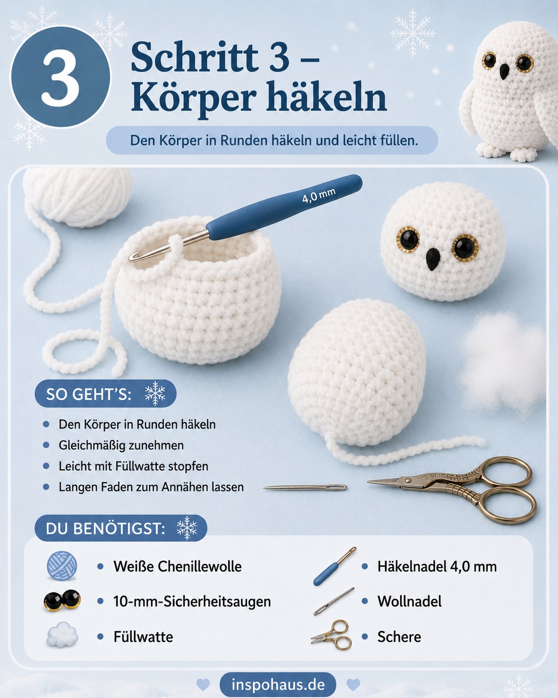 Körper der Amigurumi-Eule in Runden gehäkelt und leicht mit Füllwatte gefüllt