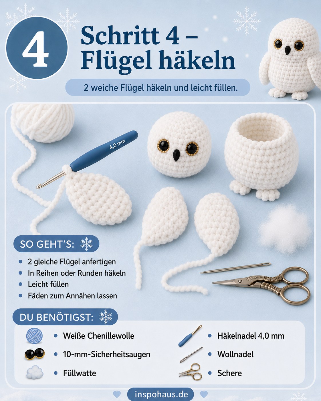 Zwei weiche Flügel für die Schneeeule Amigurumi liegen neben dem gefüllten Körper