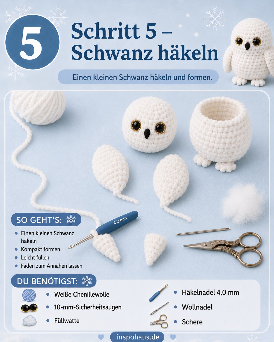 Kleiner gehäkelter Schwanz für die Schneeeule wird kompakt geformt