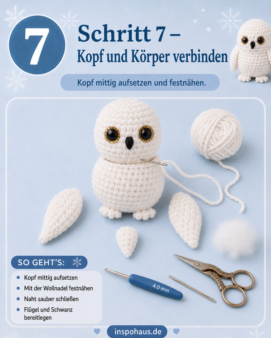 Kopf und Körper der Schneeeule werden mittig zusammengenäht