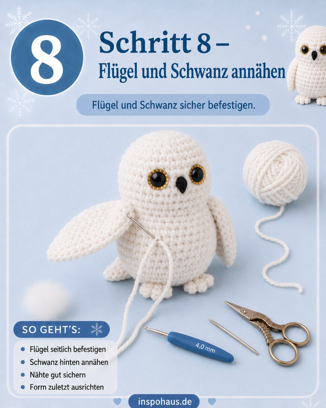 Flügel und Schwanz werden an der fertig genähten Schneeeule befestigt