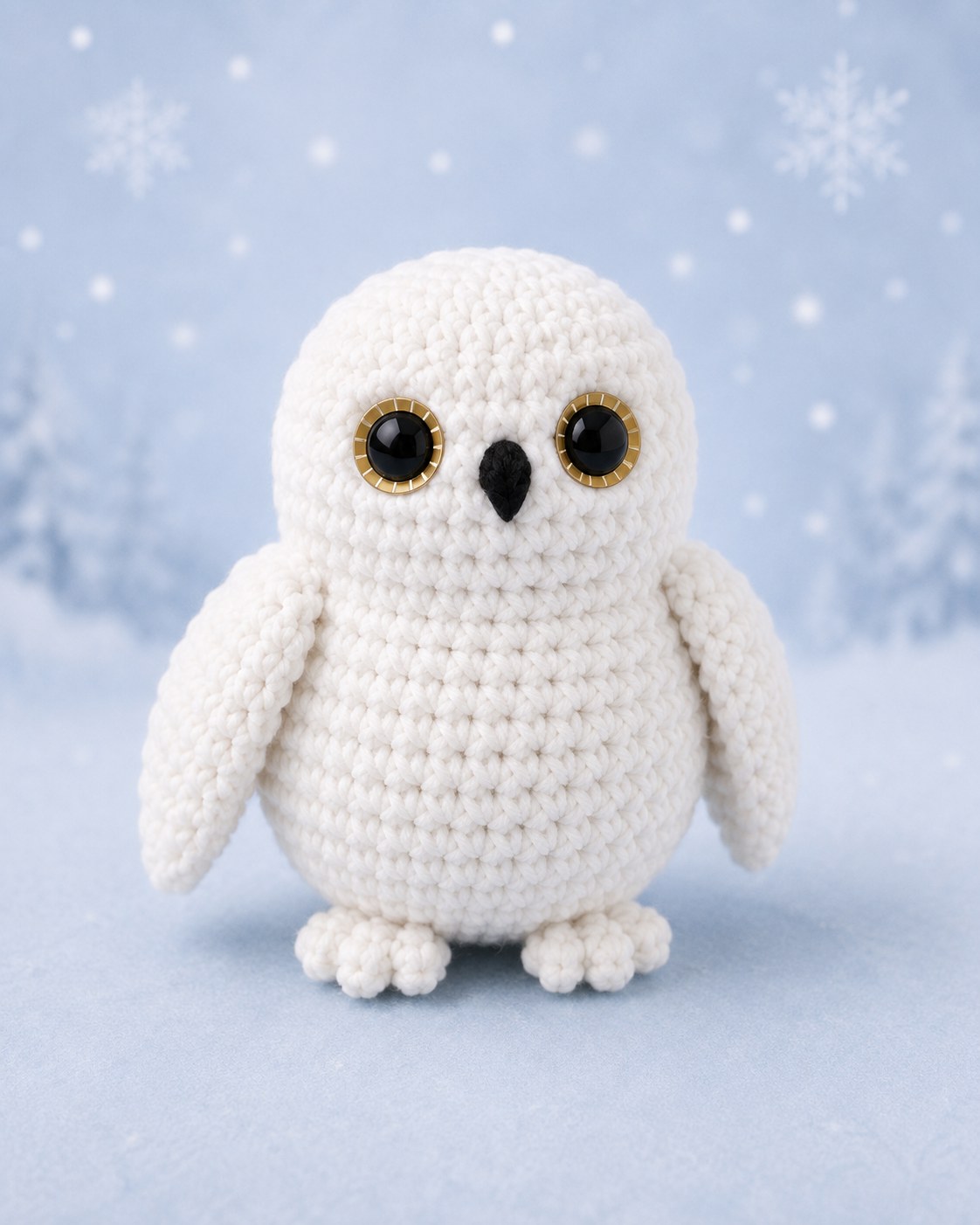 Fertig gehäkelte Schneeeule Amigurumi mit goldenen Augen vor winterlichem Hintergrund