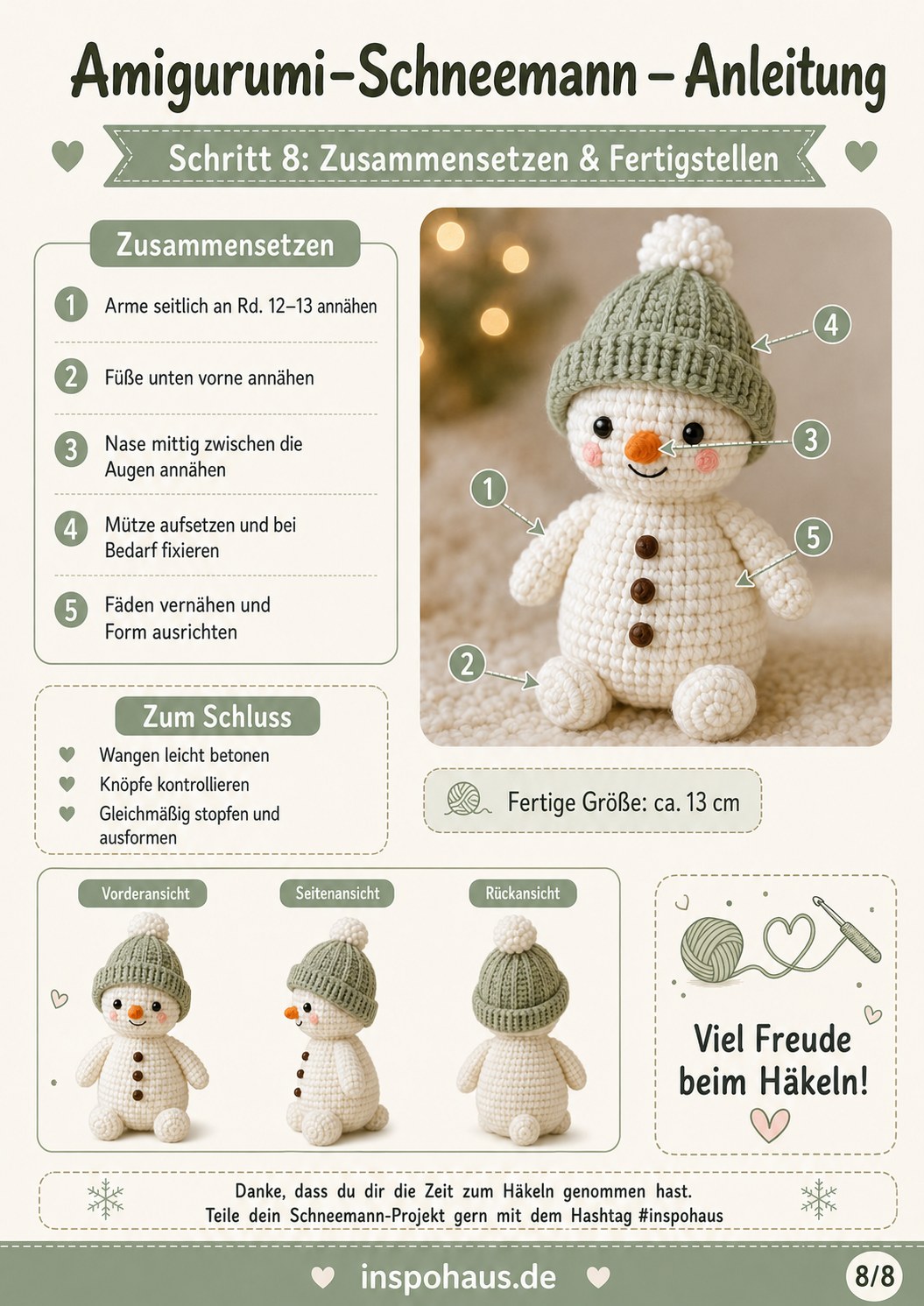 Amigurumi - Schneemann Häkeln - Mütze Mit Bommel Für 13 Cm