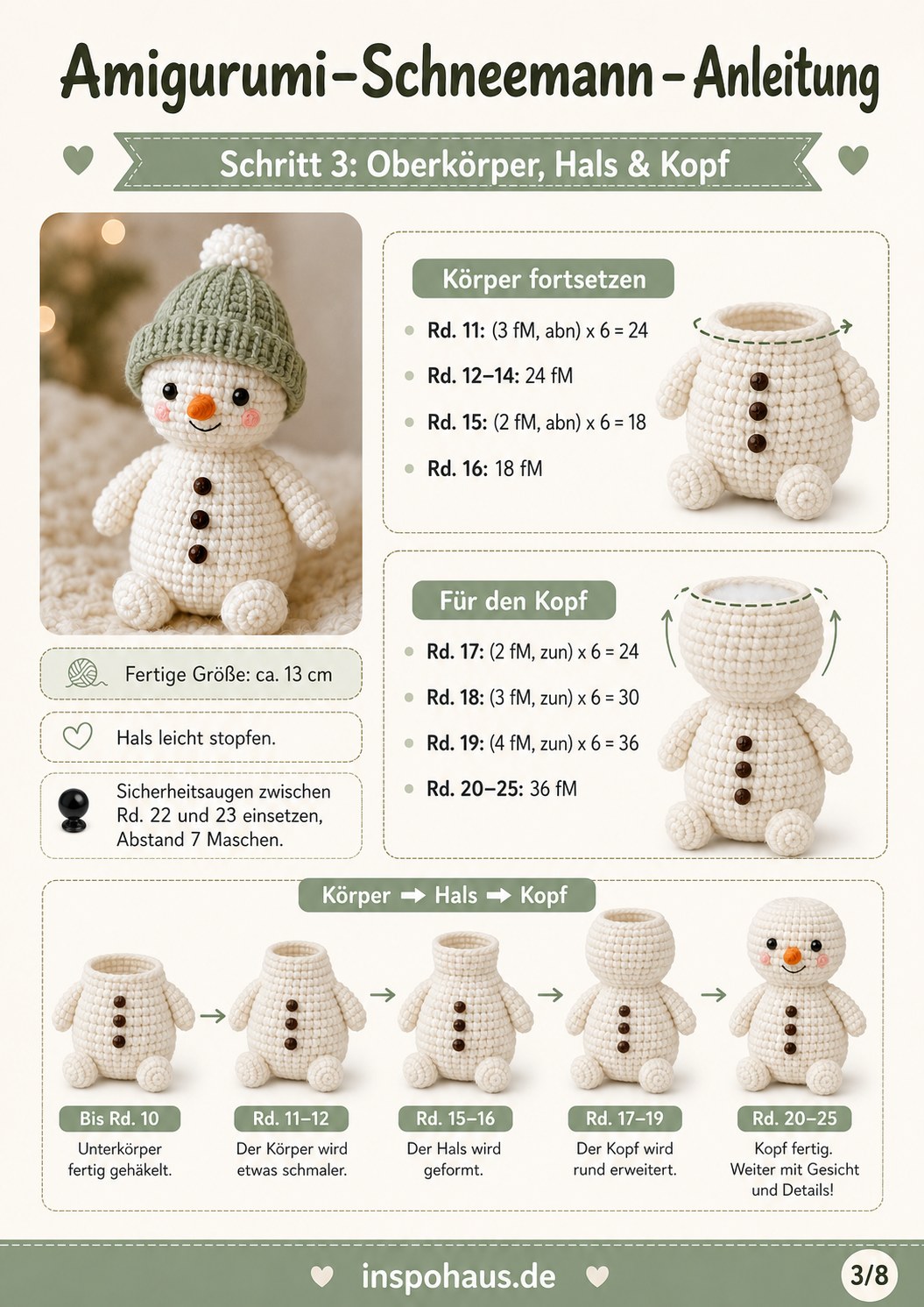 Oberkörper, Hals und Kopf des Schneemanns wachsen Runde für Runde beim Amigurumi häkeln