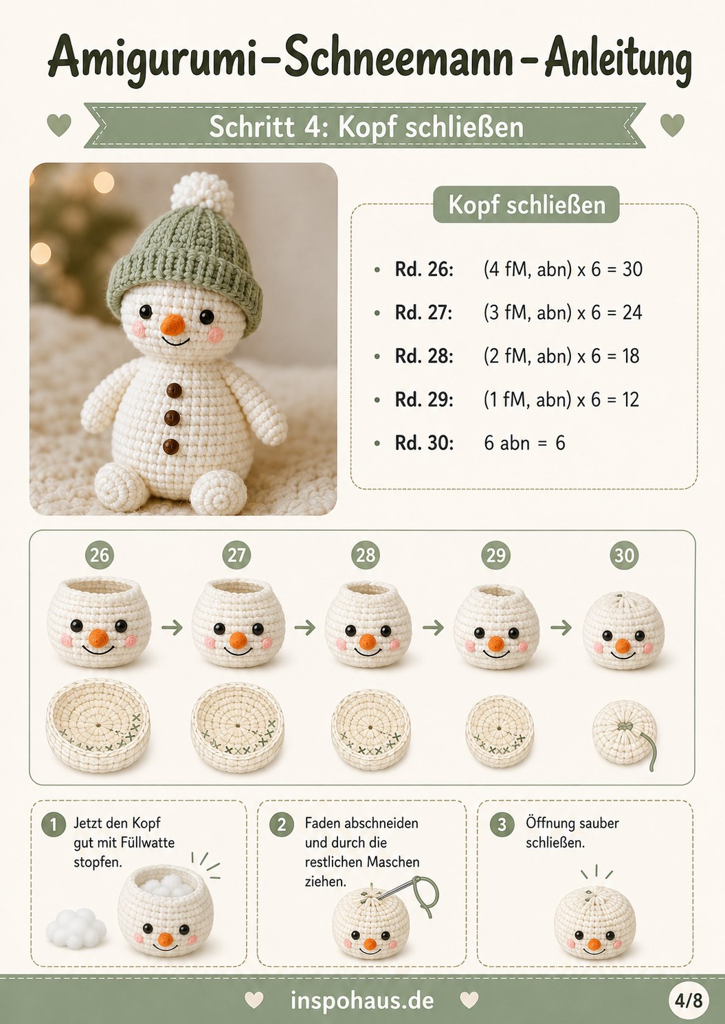 Der Kopf des Amigurumi-Schneemanns wird gestopft und mit Abnahmen sauber geschlossen