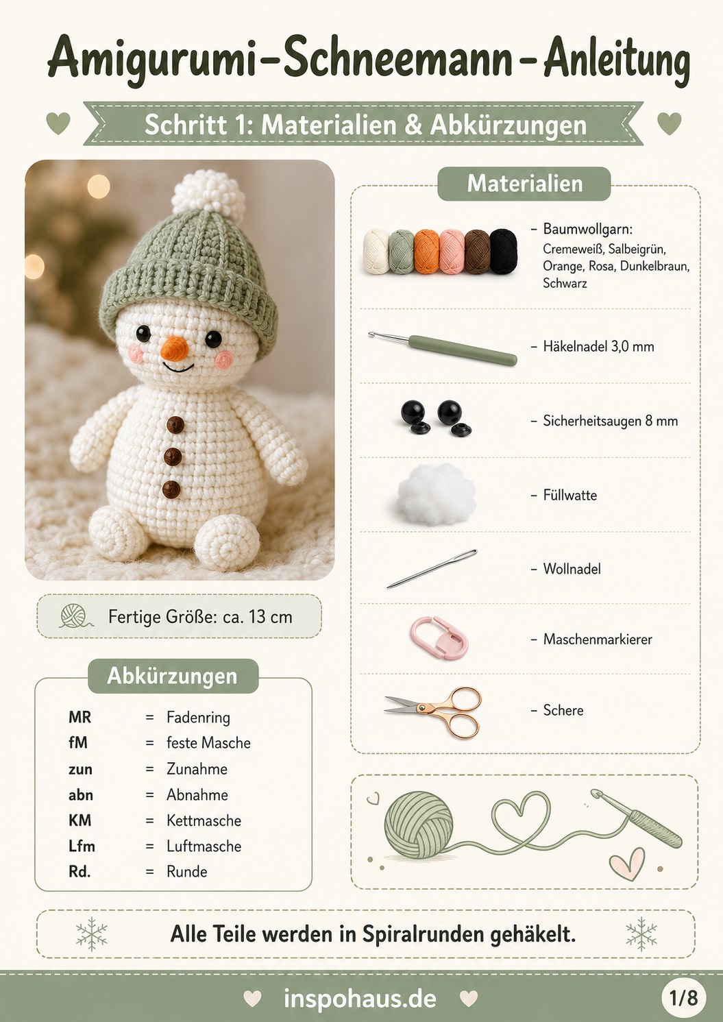 Materialübersicht für den Amigurumi-Schneemann mit Baumwollgarn, Häkelnadel und Sicherheitsaugen zum Häkeln