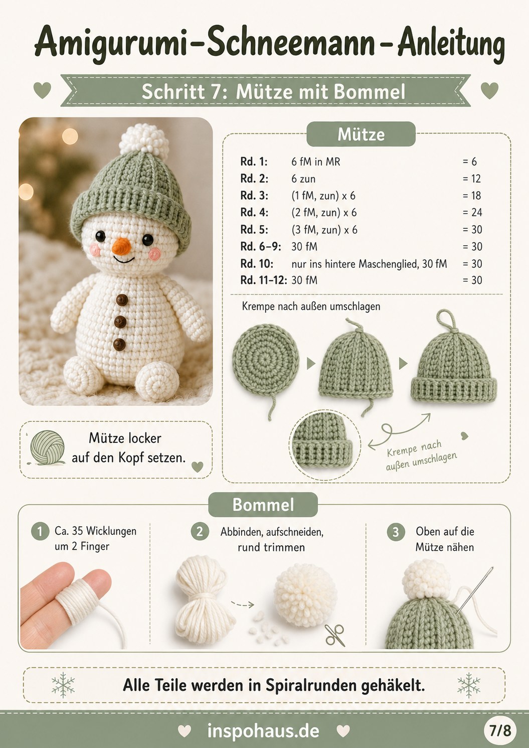 Die salbeigrüne Mütze mit Krempe und Bommel wird für den Amigurumi-Schneemann gehäkelt