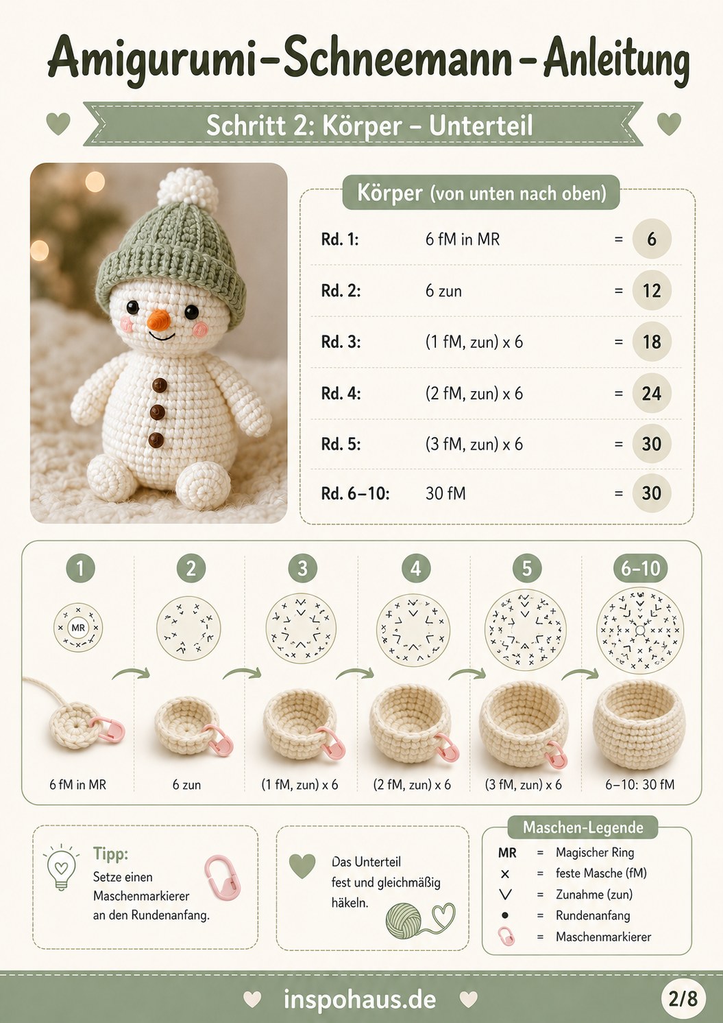 Untere Körperrunden des Amigurumi-Schneemanns entstehen durch Zunahmen im Spiralrunden-Häkeln