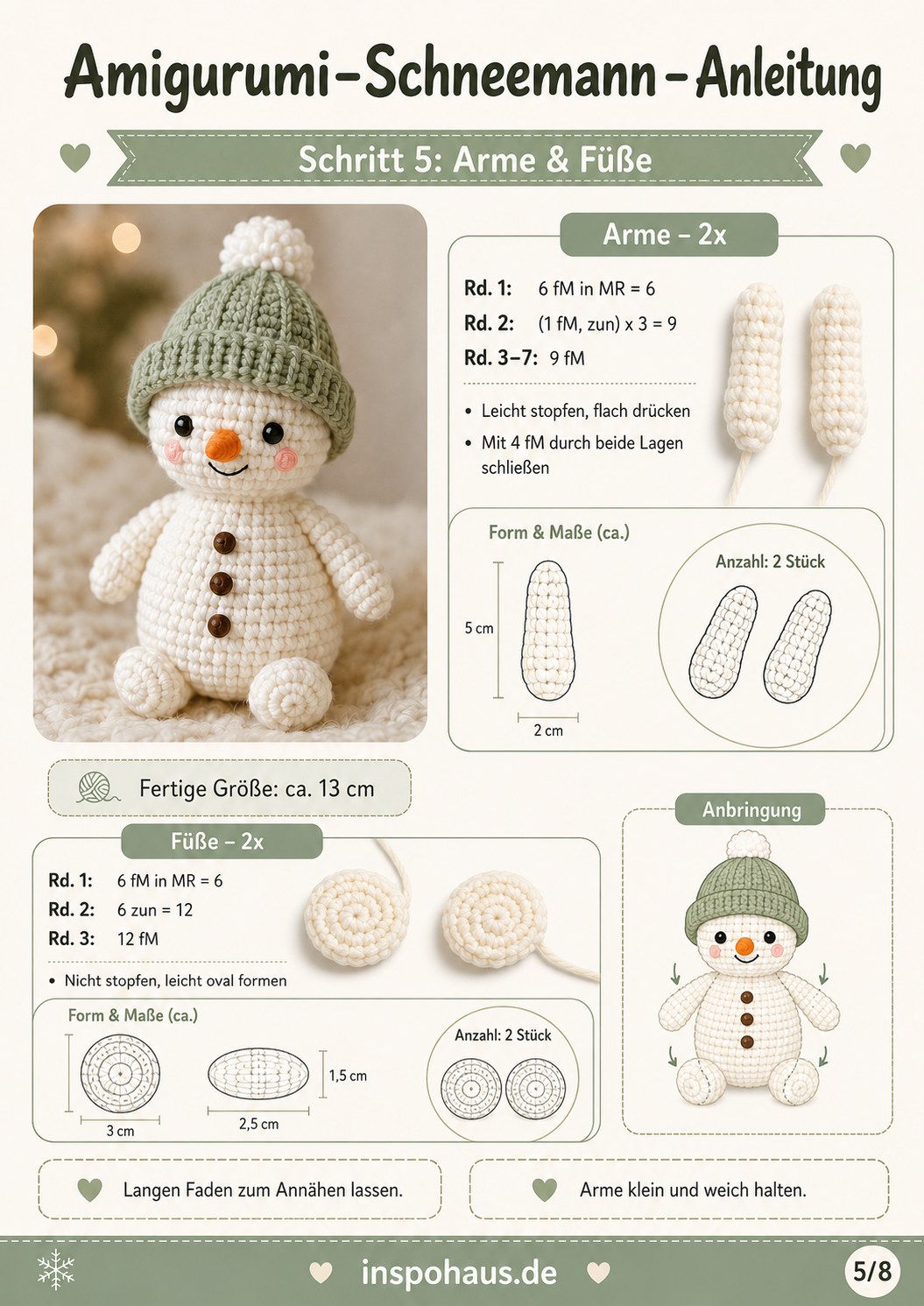 Kleine Arme und ovale Füße für den Amigurumi-Schneemann werden separat gehäkelt und geformt