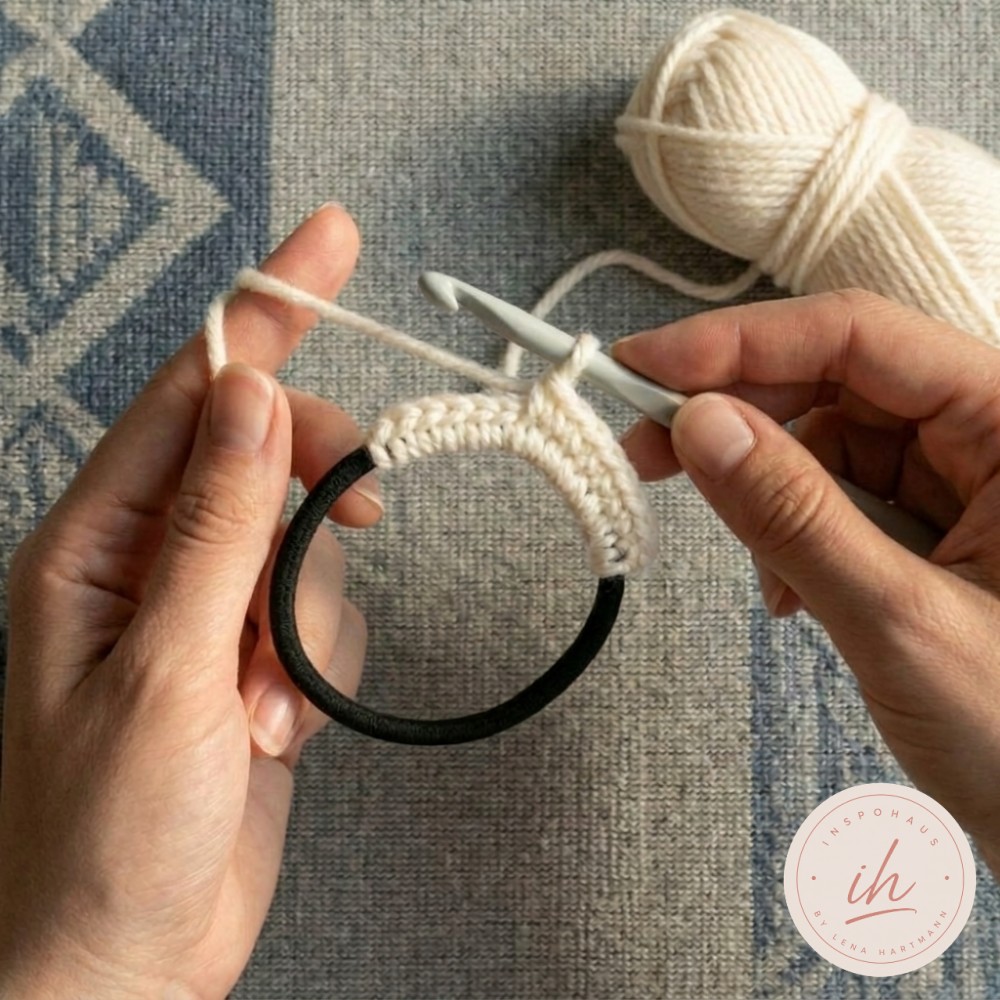 Beim Scrunchie häkeln ist die Hälfte des Bandes dicht mit Maschen bedeckt, der Rest noch schwarz sichtbar.