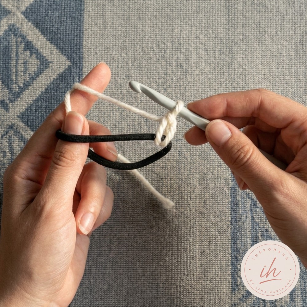 Die Häkelnadel zieht die erste Masche durch das gespannte Gummiband beim Scrunchie häkeln.