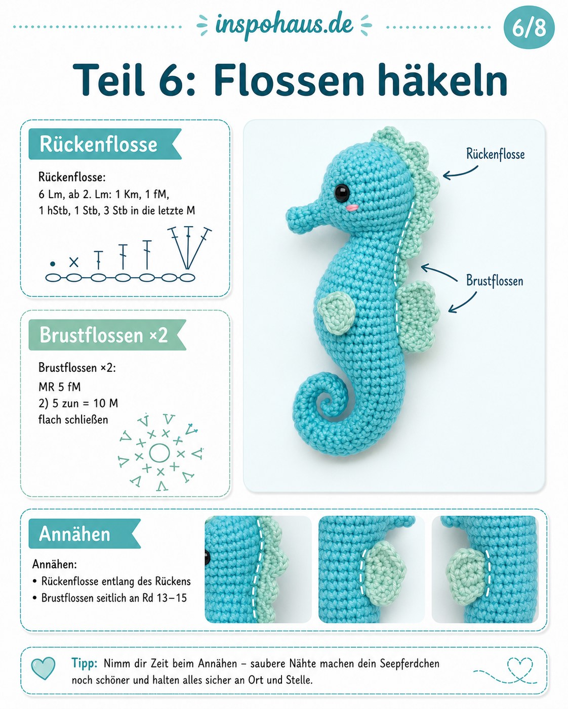 Rücken- und Brustflossen des Häkel-Seepferdchens vor dem sauberen Annähen am Körper