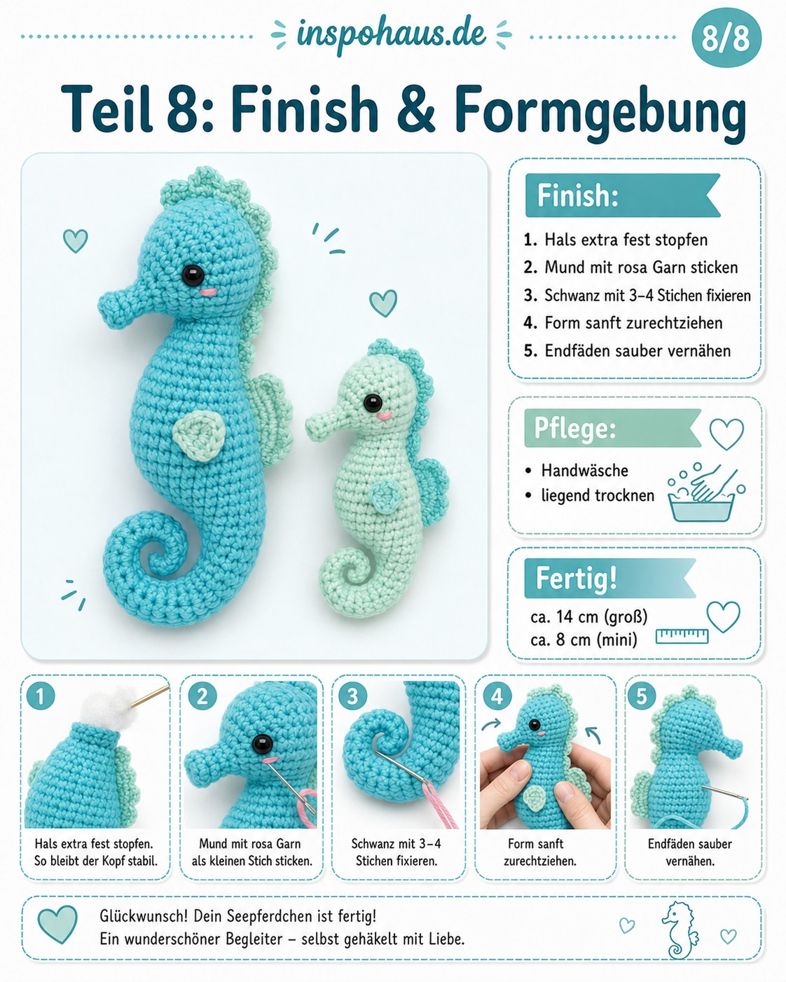Fertig gestopftes Seepferdchen aus der Amigurumi Häkelanleitung mit rosa gesticktem Mund