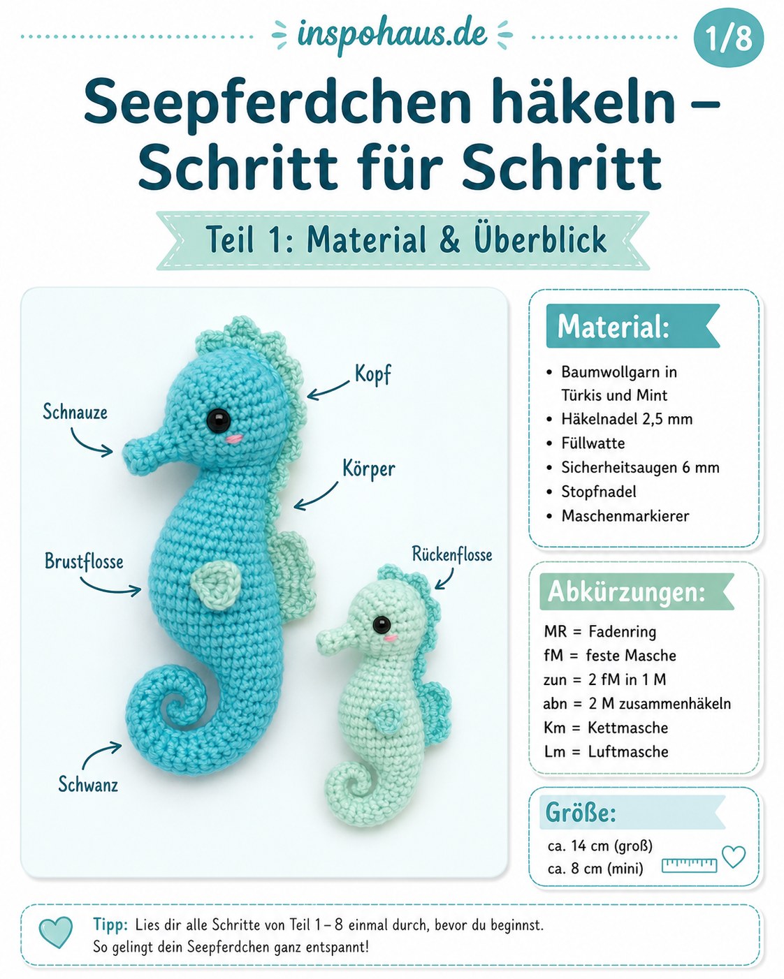 Materialübersicht für die Seepferdchen Amigurumi Häkelanleitung mit Garn, Nadel und Sicherheitsaugen