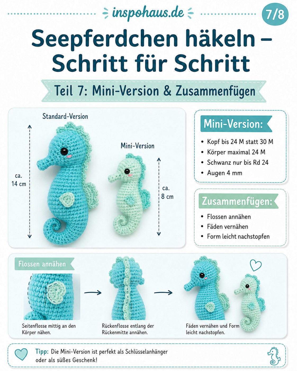 Große und Mini-Version des Amigurumi Seepferdchens im direkten Größenvergleich nebeneinander