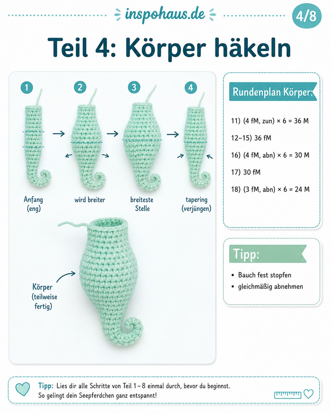 Türkiser Amigurumi-Körper des Seepferdchens beim Wechsel von Zunahme- zu Abnahmerunden