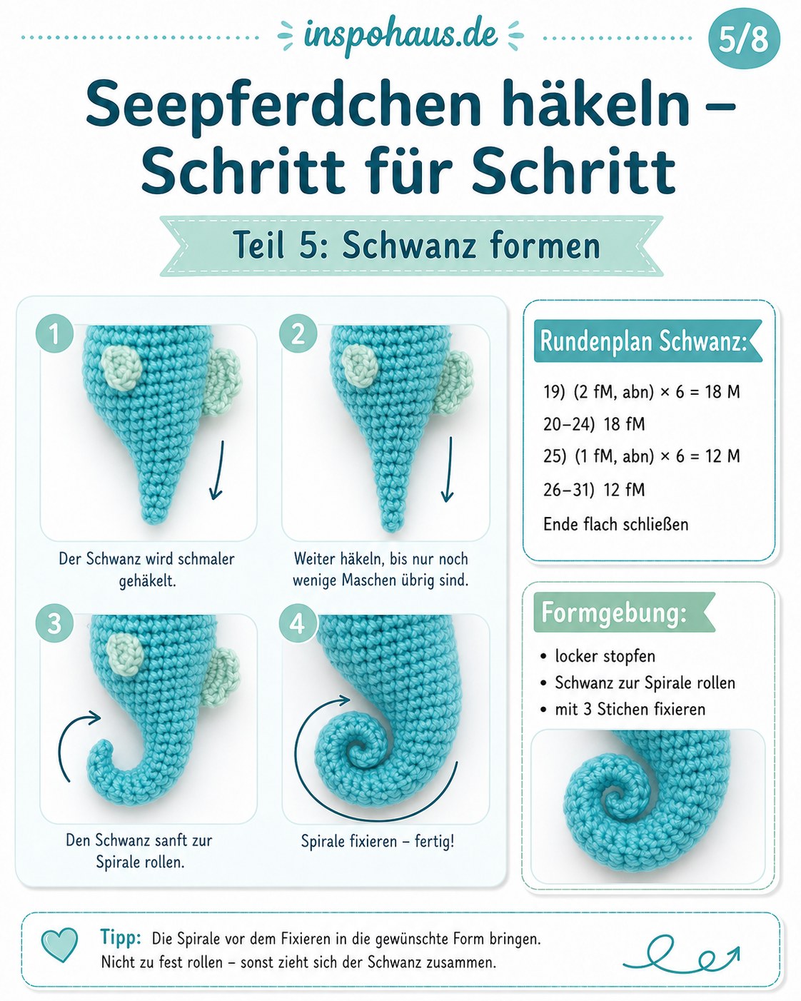 Spiralförmig aufgerollter Seepferdchen-Schwanz aus Baumwollgarn kurz vor dem Fixieren