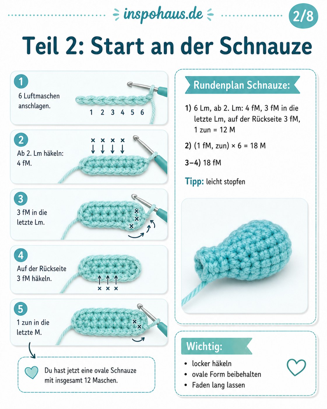 Ovale türkise Schnauze als erster Schritt der Seepferdchen Häkelanleitung mit sechs Luftmaschen
