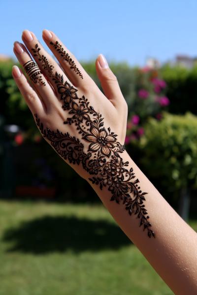 23. Seitliche Rankenbahn für Simple Henna Designs Easy Back Hand mit Daumenfokus und Blattpaaren