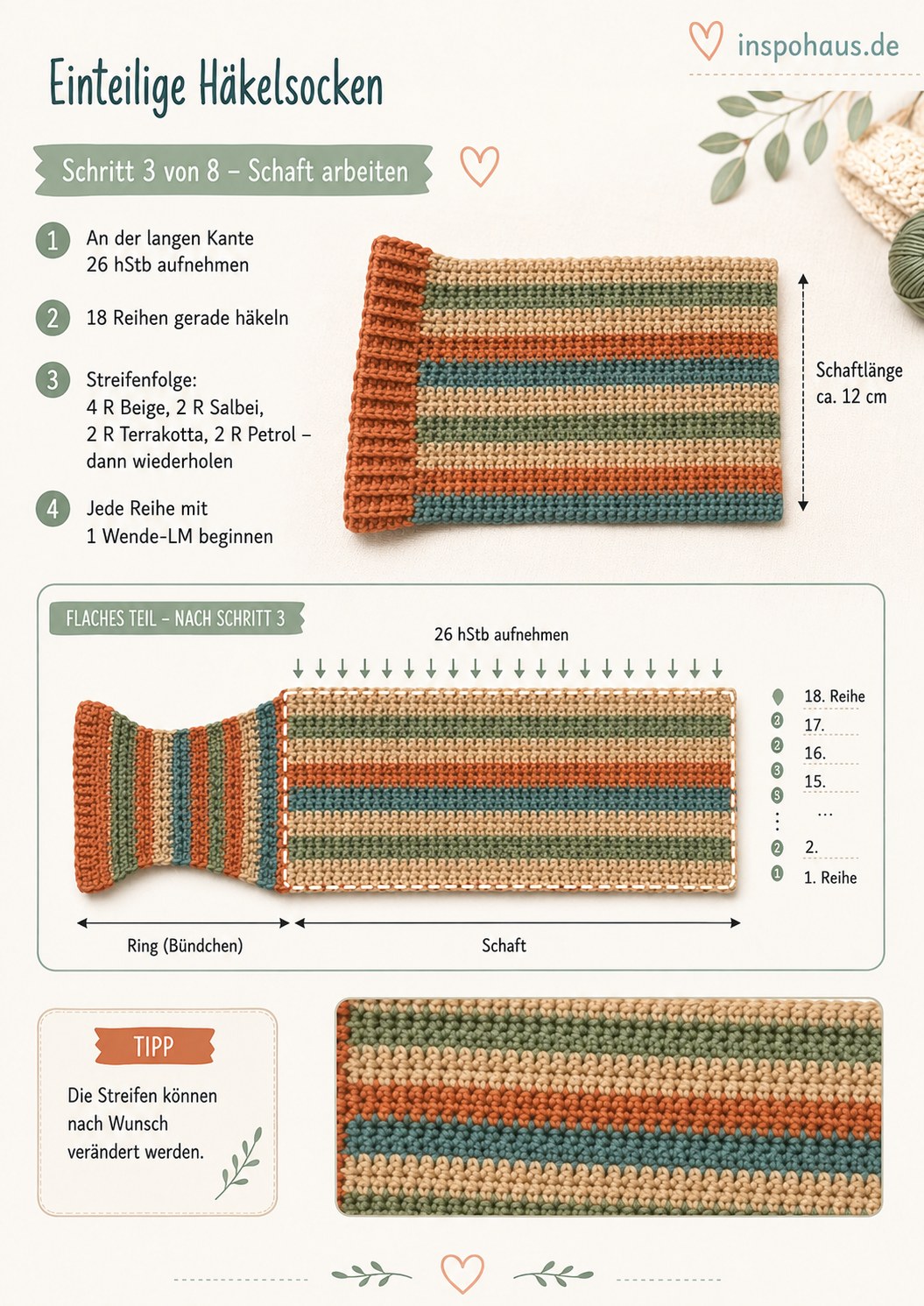 Gestreifter Schaft in Terrakotta, Salbei, Petrol und Beige während des Socken Häkelns aus einem Stück