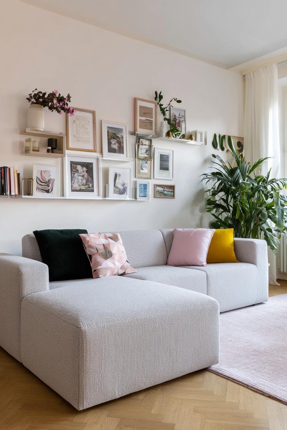 3. Sofa-Ecke mit Galeriewand aus Rahmen, Posterleisten und Lieblingsmotiven