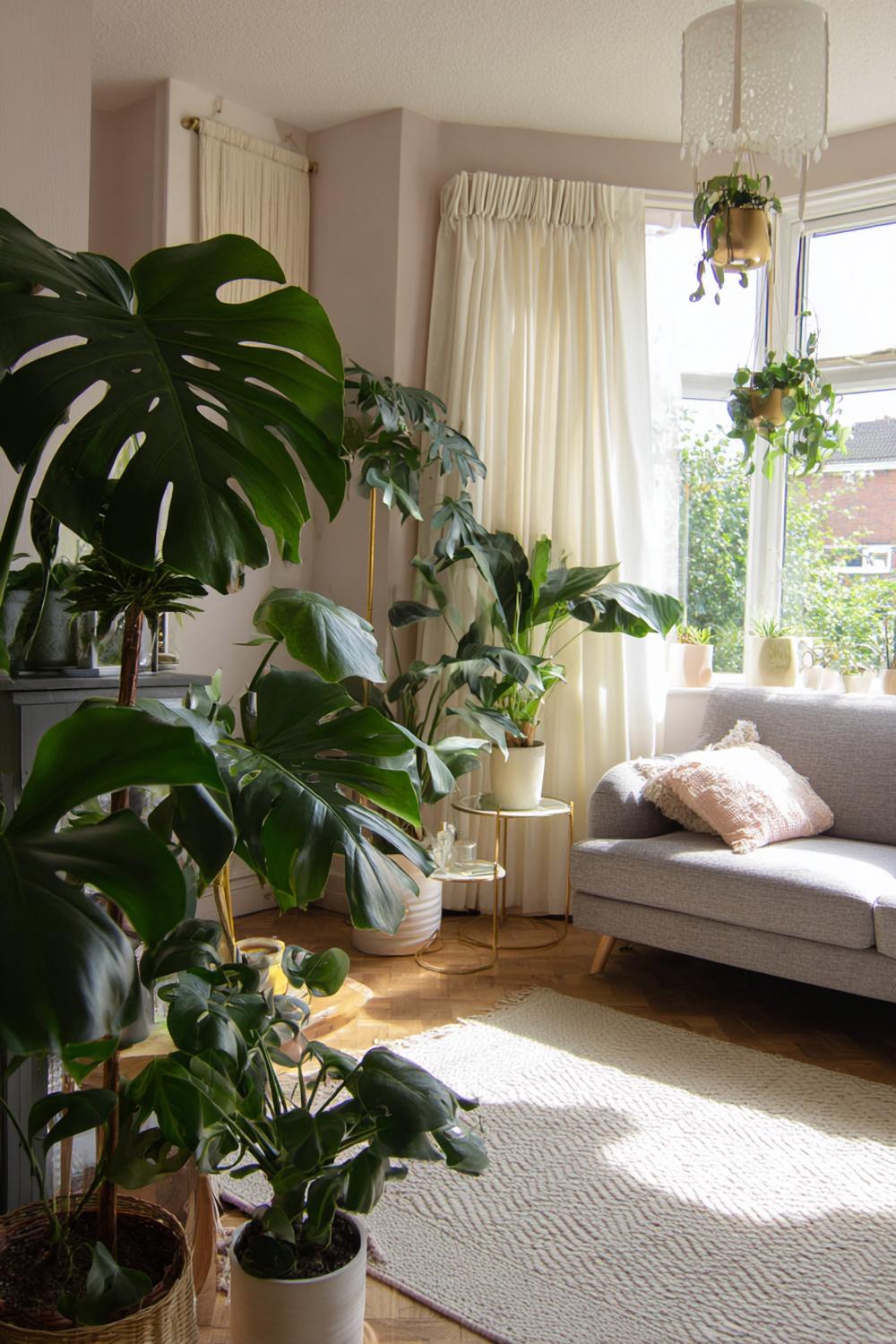 5. Sofa-Ecke mit Pflanzenmix aus Monstera, Hängepflanze und Keramikübertöpfen